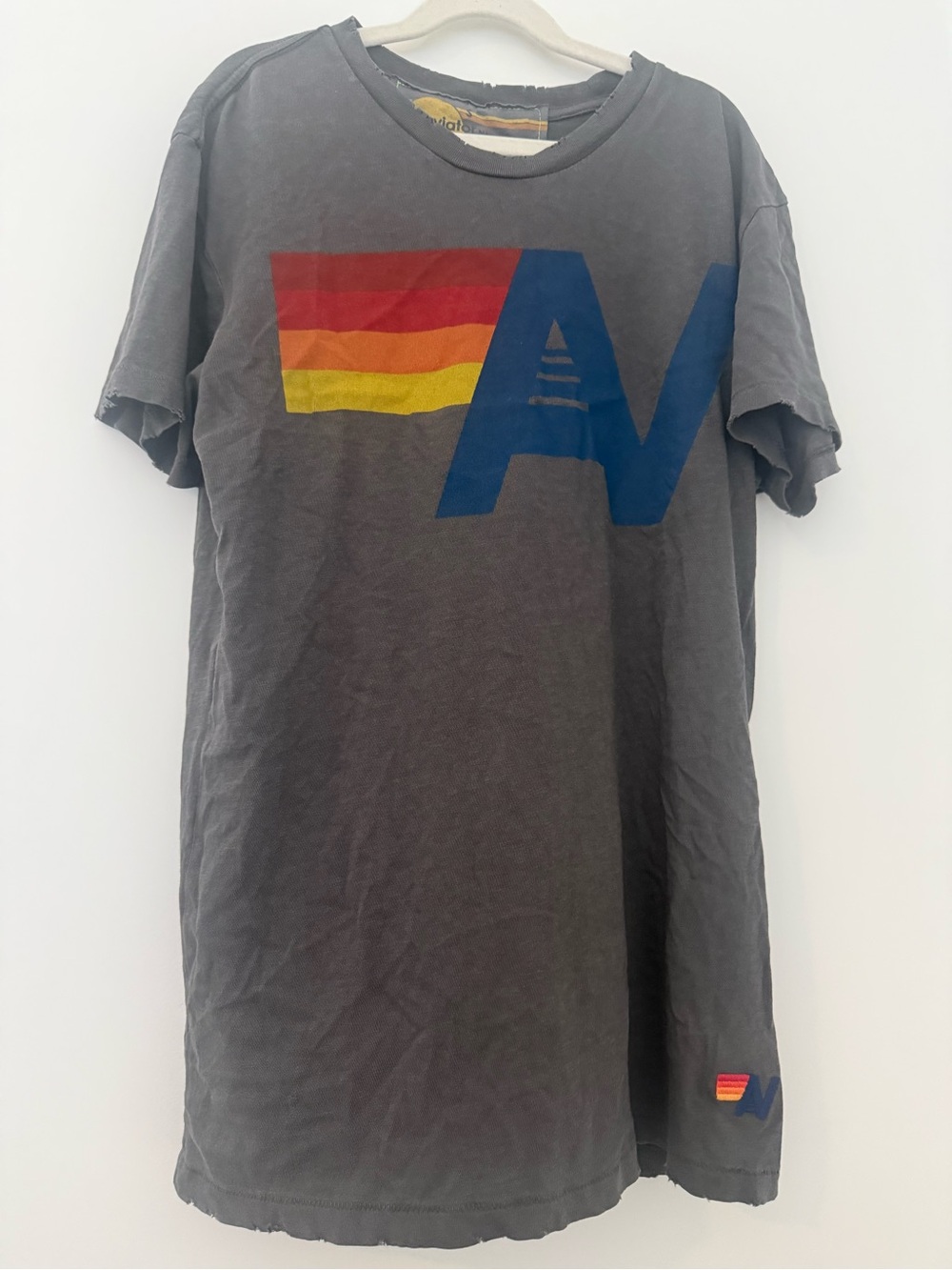 Aviator Nation Charcoal Tee with Red-Orange-Yellow Stripe and Blue Logo